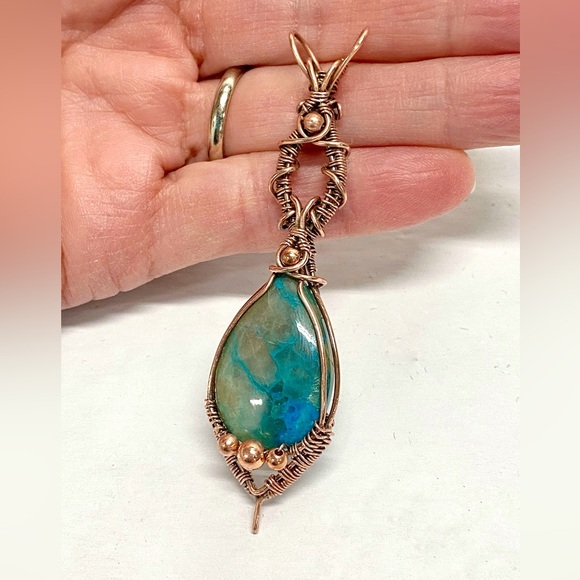 HANDCRAFTED Chrysocolla Hand Wrapped Oxidized Pure Copper Statement Pendant - Picture 2 of 10
